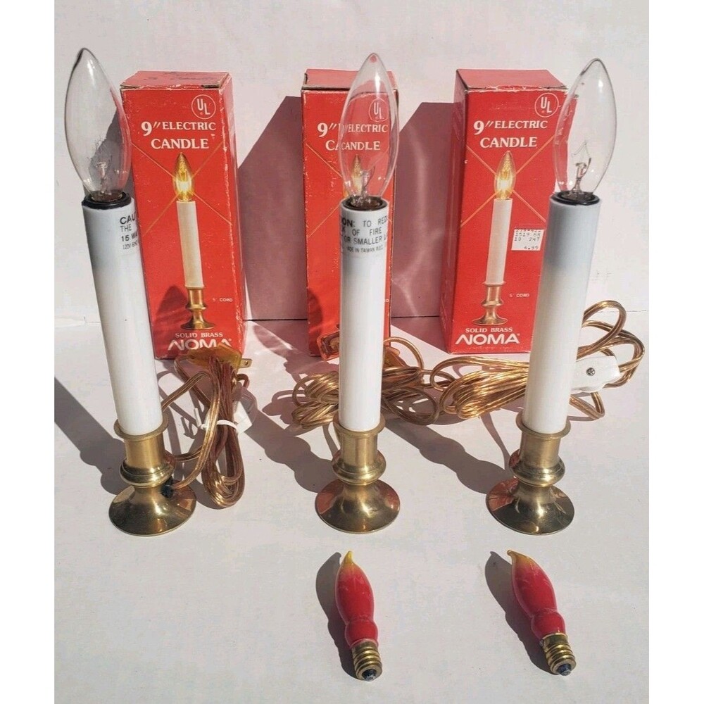 Vtg 80's NOMA 9" Solid Brass Base Electric Candle Lamp Light Christmas Lot of 3